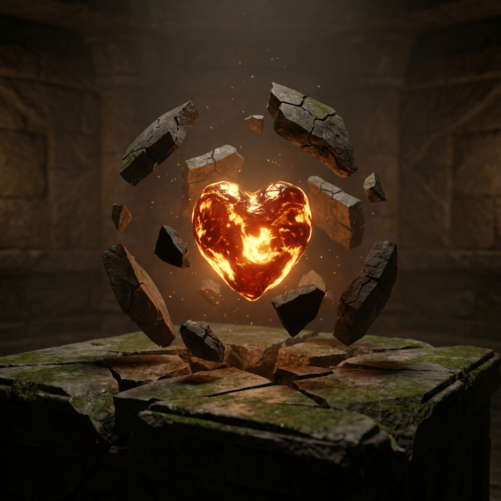 Glowing molten heart levitating inside cracked stone fragments above a stone pedestal