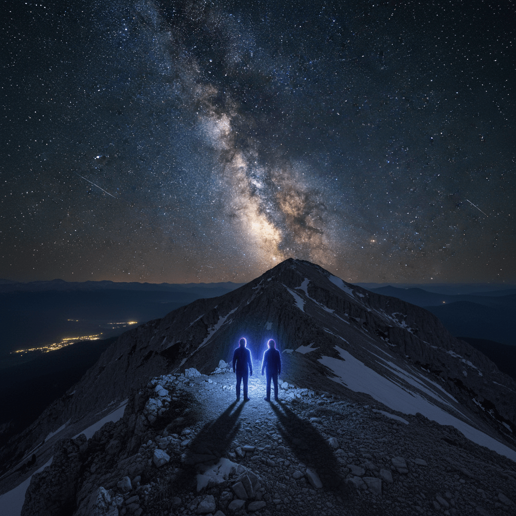 Two people standing on a rocky mountain ridge under a clear starry night sky with the Milky Way visible above