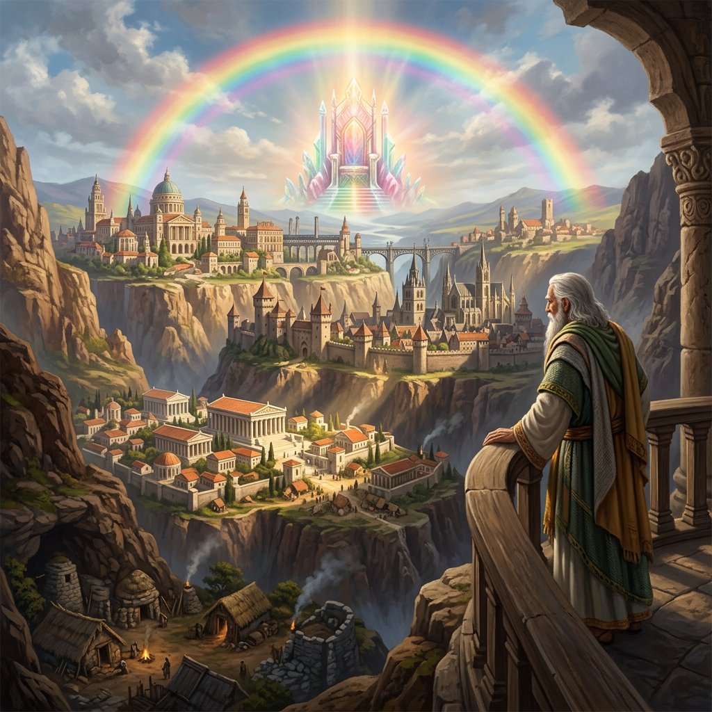 Elderly man in robe gazing at an expansive ancient city with a glowing throne and rainbow overhead