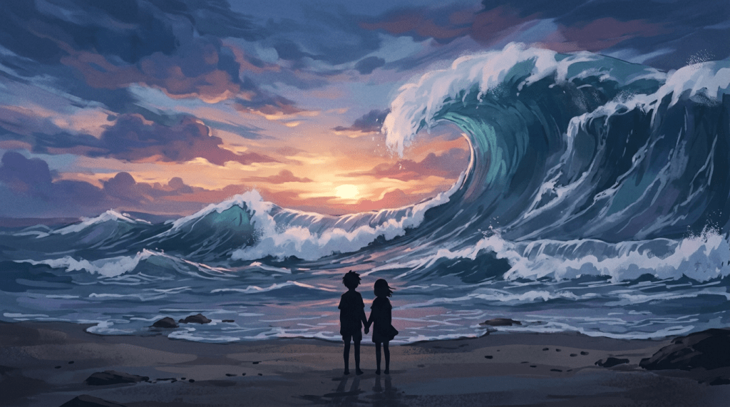Silhouettes of two children holding hands on a beach with a giant wave approaching during sunset