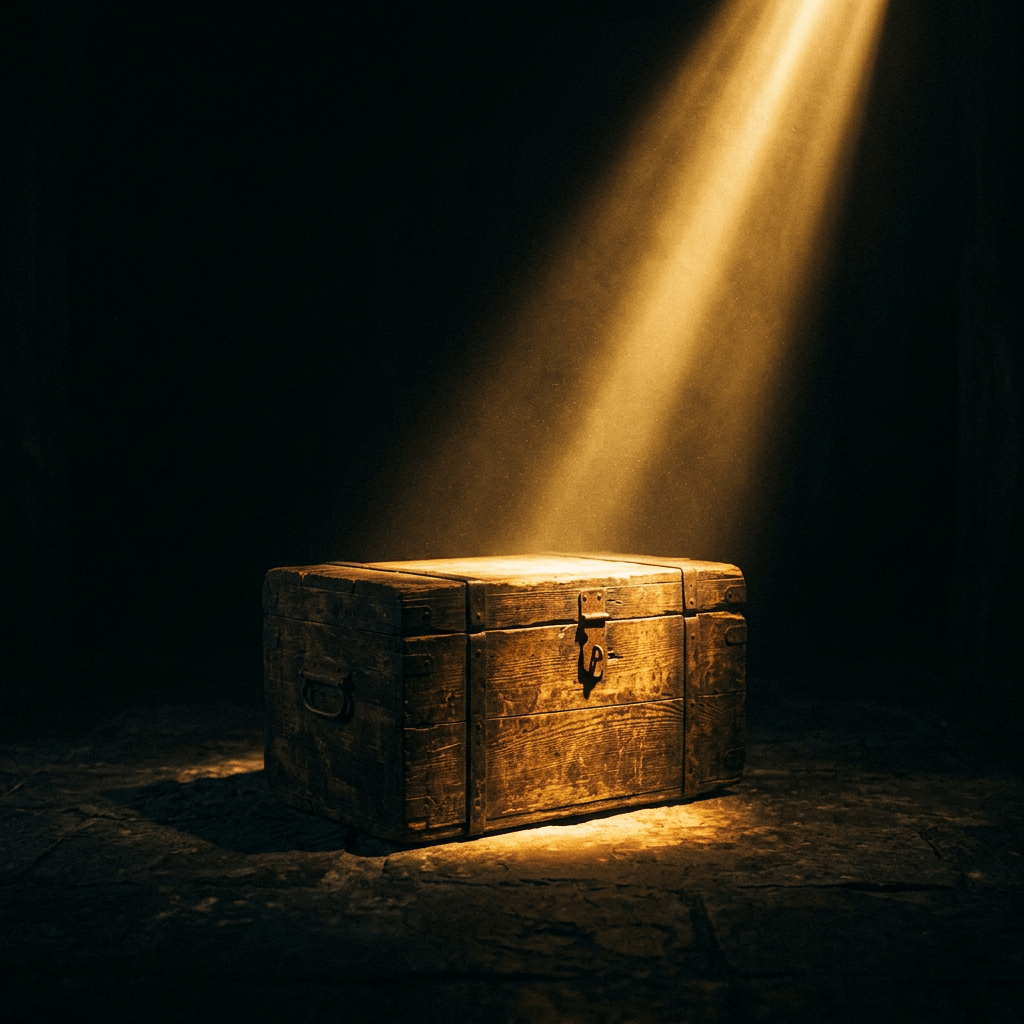 Old wooden chest illuminated by a single beam of warm light in a dark room