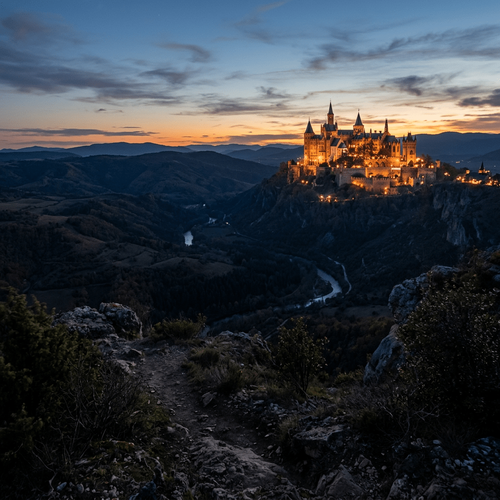 Medieval castle with lights on atop a hill at sunset with mountainous landscape